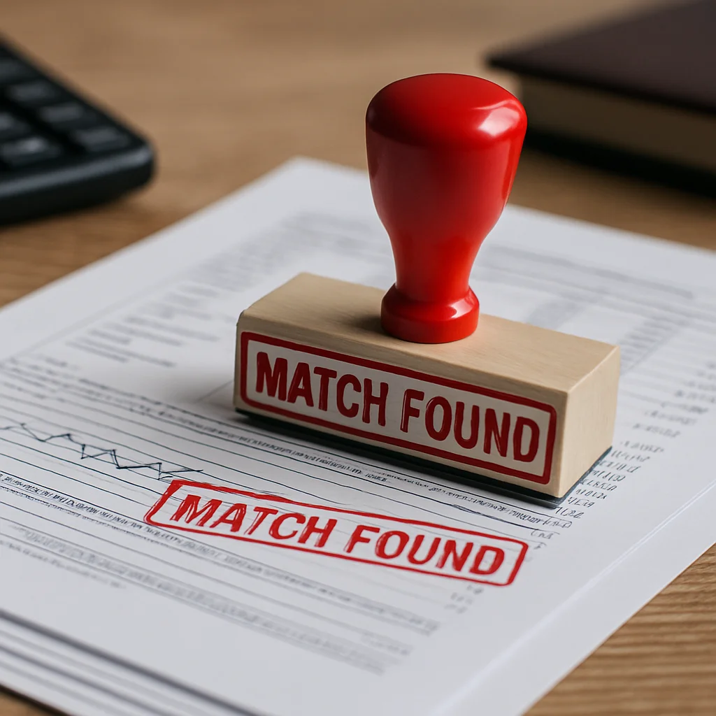 Sello con la leyenda MATCH FOUND (coincidencia encontrada) sobre un informe de verificación de sanciones