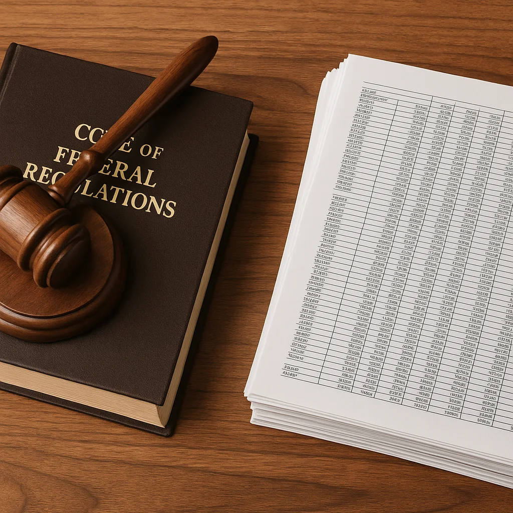 Libro del Código de Regulaciones Federales con un mazo y hojas de cálculo de sanciones